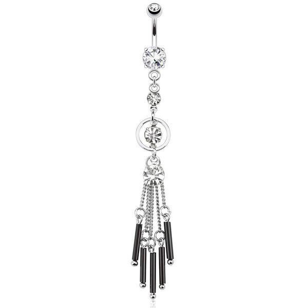 Cascading Round CZ with Black Bars on Chain Dangle Navel Ring