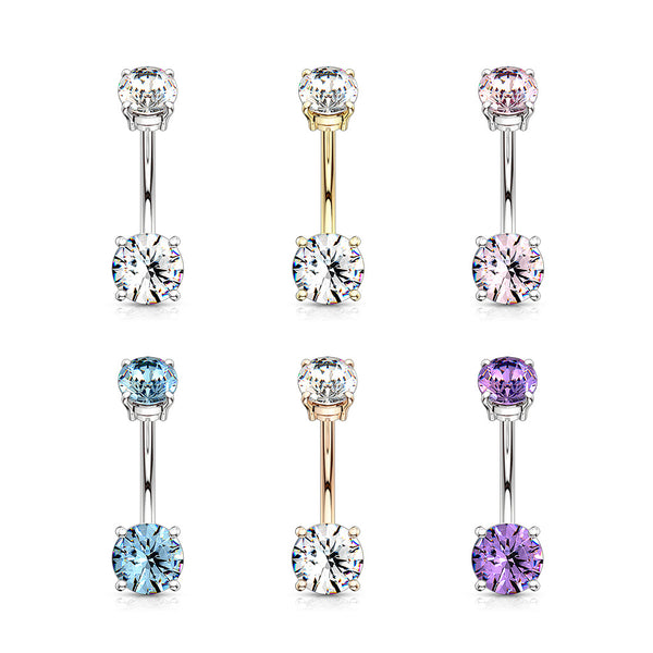 Internally Threaded Prong Set Double Gem Fixed Navel Ring