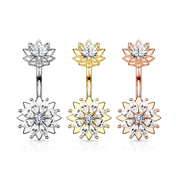 Marquis CZ Flower with Internally Threaded CZ Center Lous Flower Top Fixed Navel Ring