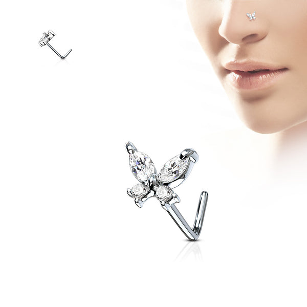 CZ Butterfly 316L Surgical Steel L-Bend Nose Ring Stud in 20 Gauge