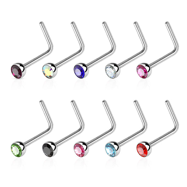 316L Surgical Steel "L" Bend Nose Stud Ring with Jewel End