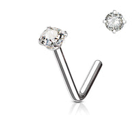 20 or 18 Gauge Prong-Set Clear CZ L-Shape Nose Stud 316L Surgical Steel 2.5 mm Gem