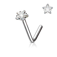 20 or 18 Gauge Star Shaped Prong Set CZ L Shape Nose Ring 316L Surgical Steel