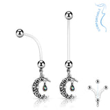Crescent Moon Gem Maternity Pregnancy Belly Button Ring Bioflex with 316L Surgical Steel Balls