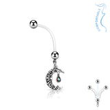 Crescent Moon Gem Maternity Pregnancy Belly Button Ring Bioflex with 316L Surgical Steel Balls