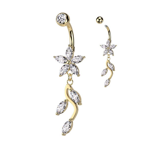 5 Marquis Petal CZ Flower with Vine Gold PVD Dangle Navel Ring