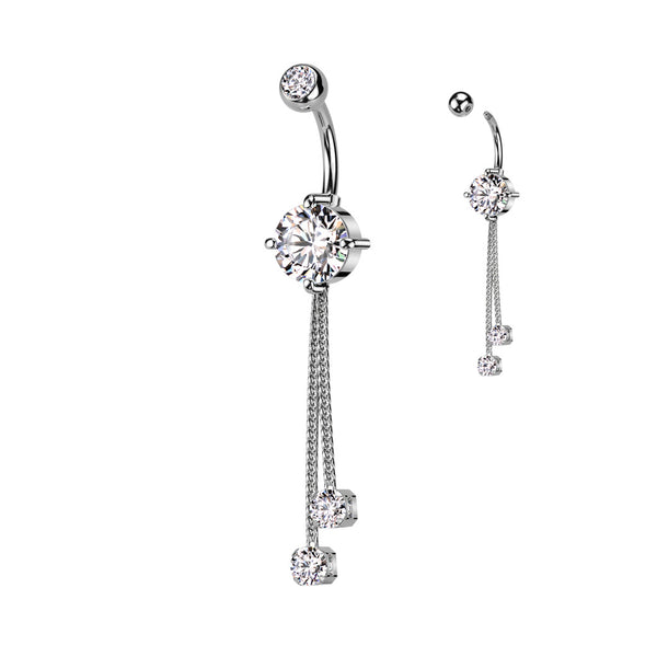 Double Jeweled CZ with 2 Rope Chain Dangle Navel Ring