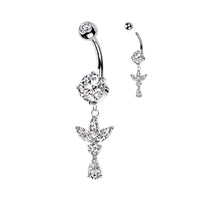 316L Surgical Steel Pressed Fit CZ Top and Round Prong Set CZ Bottom With 3 Marquise CZ Leaf and Pear CZ Dangle Belly Button Ring