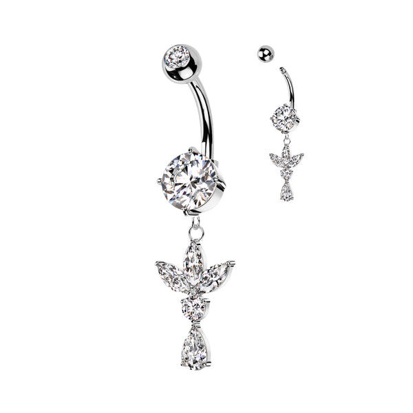 316L Surgical Steel Pressed Fit CZ Top and Round Prong Set CZ Bottom With 3 Marquise CZ Leaf and Pear CZ Dangle Belly Button Ring