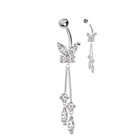 316L Surgical Steel CZ Butterfly With Double Round and Marquise Prong Set CZ Dangle Belly Button Ring