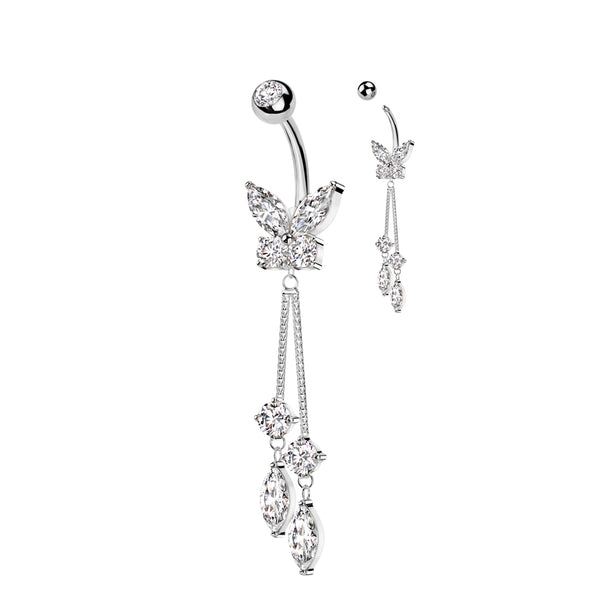 316L Surgical Steel CZ Butterfly With Double Round and Marquise Prong Set CZ Dangle Belly Button Ring