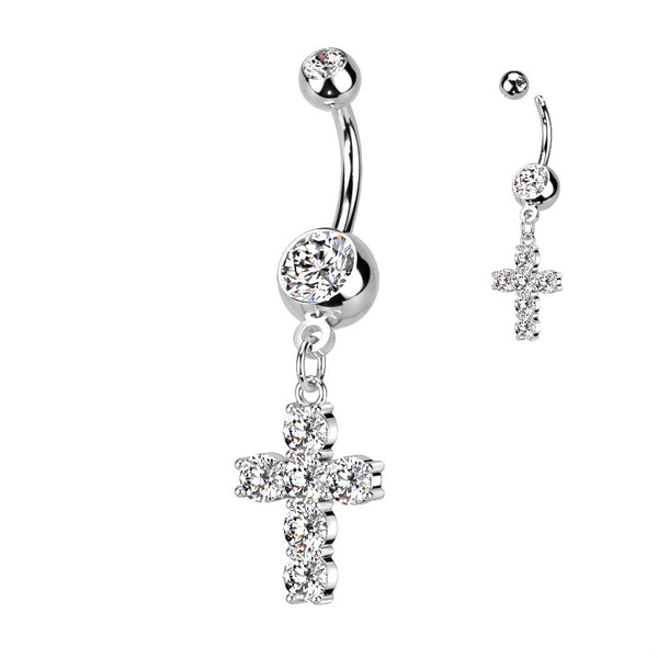 Prong Set Multi CZ Cross Dangle Navel Ring