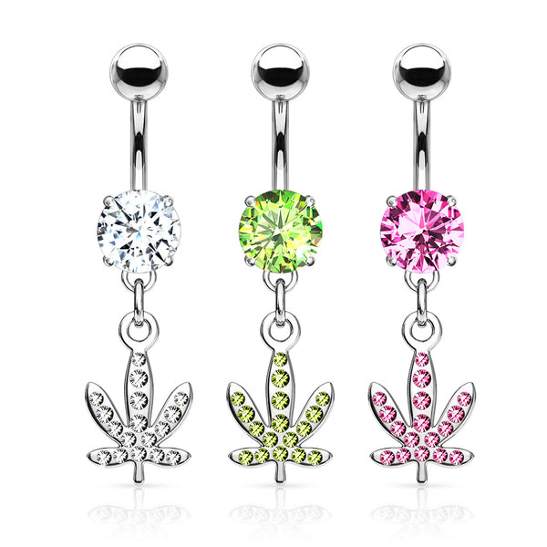 Pot Leaf Paved Gem Dangle Navel Ring