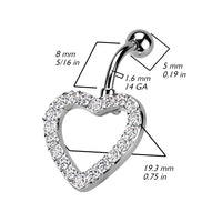 316L Surgical Steel Heart CZ Paved With Swinging Top Down Reverse Belly Button Ring