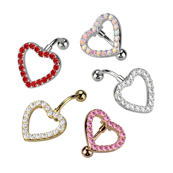 316L Surgical Steel Heart CZ Paved With Swinging Top Down Reverse Belly Button Ring