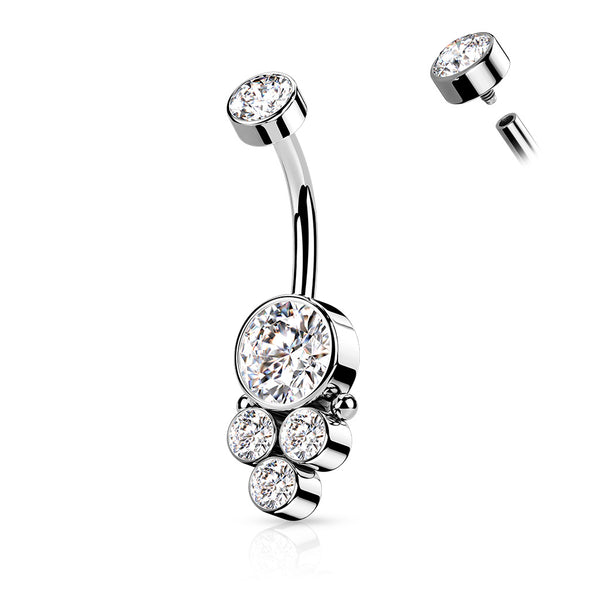 Round Cluster CZ with Internally Threaded CZ Top Fixed Navel Ring