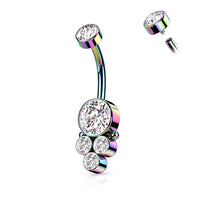 Round Cluster CZ with Internally Threaded CZ Top Fixed Navel Ring