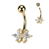 316L Surgical Steel Double Heart 3 Marquise Clear Gem CZ Belly Button Ring