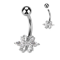 316L Surgical Steel Double Heart 3 Marquise Clear Gem CZ Belly Button Ring