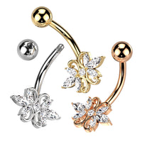 316L Surgical Steel Double Heart 3 Marquise Clear Gem CZ Belly Button Ring
