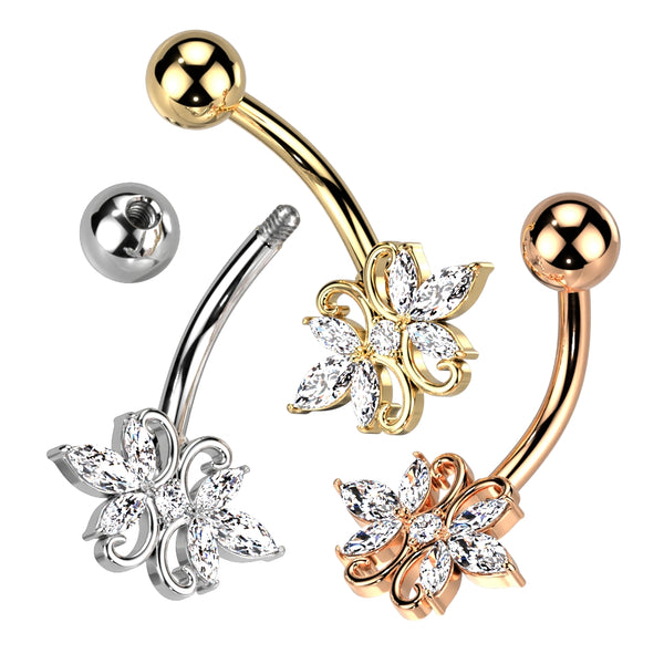 316L Surgical Steel Double Heart 3 Marquise Clear Gem CZ Belly Button Ring