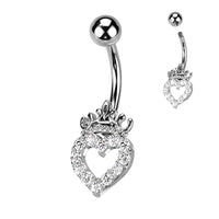 316L Surgical Steel CZ Paved Hollow Heart and Crown Belly Button Navel Ring