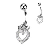 316L Surgical Steel CZ Paved Hollow Heart and Crown Belly Button Navel Ring