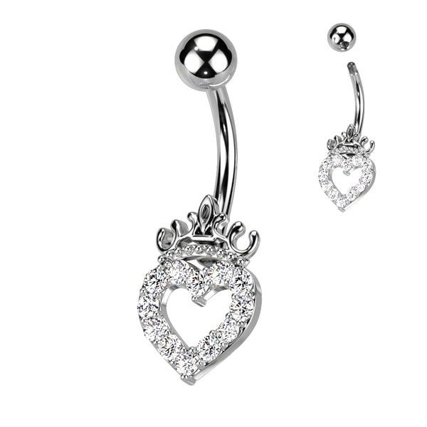 316L Surgical Steel CZ Paved Hollow Heart and Crown Belly Button Navel Ring