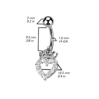 316L Surgical Steel CZ Paved Hollow Heart and Crown Belly Button Navel Ring