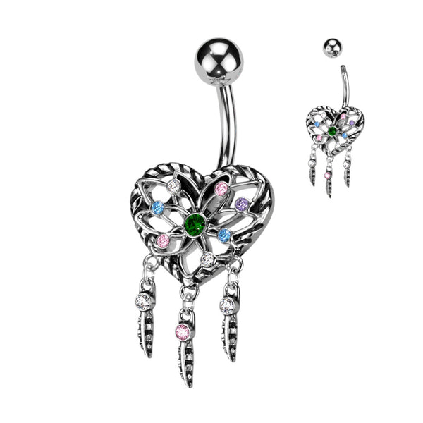 Heart Dream Catcher with Multi Color CZ Dangle Navel Ring