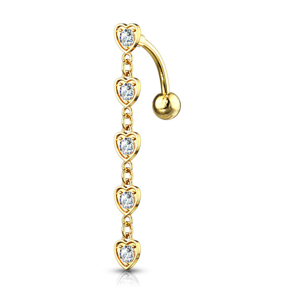 Gold Plated 5 Crystal Set Center Hearts Dangle Top Drop Reverse Dangle Belly Button Ring
