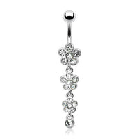 316L Surgical Steel Flower Petal Gem Paved Dangle Belly Button Ring