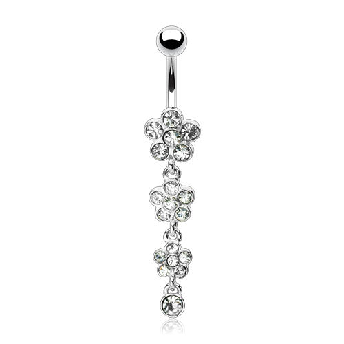 316L Surgical Steel Flower Petal Gem Paved Dangle Belly Button Ring