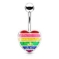 Rainbow Opal Glitter Filled Heart Steel Fixed Navel Ring