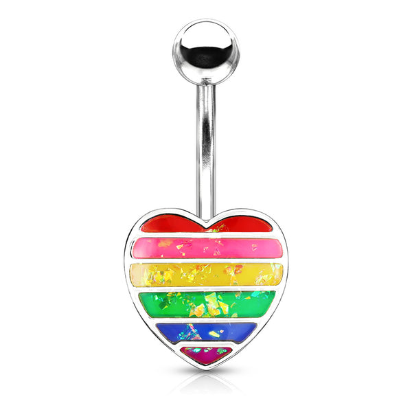 Rainbow Opal Glitter Filled Heart Steel Fixed Navel Ring