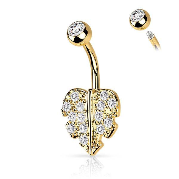 Gold PVD Heart Leaf with Gem Paved CZ Fixed Navel Ring