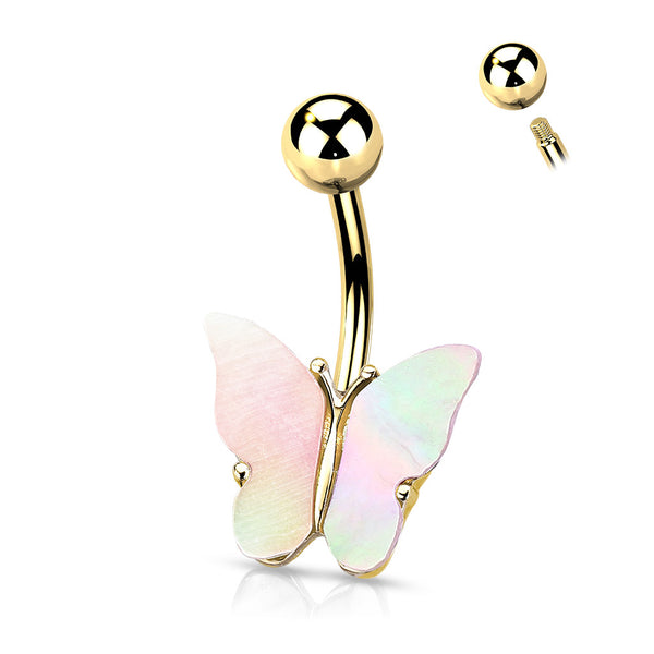 316L Surgical Steel Gold Plated Shell Covered Butterfly Non Dangle Belly Button Ring