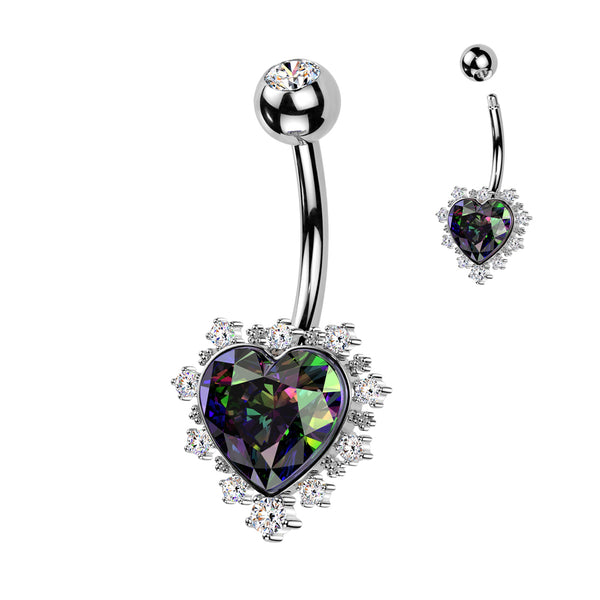 316L Surgical Steel Vitrial Medium CZ Heart Non-Dangle Belly Button Ring with Pave CZ Around the Heart