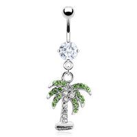 316L Surgical Steel CZ Pave Clear and Green Gem Palm Tree Belly Button Ring