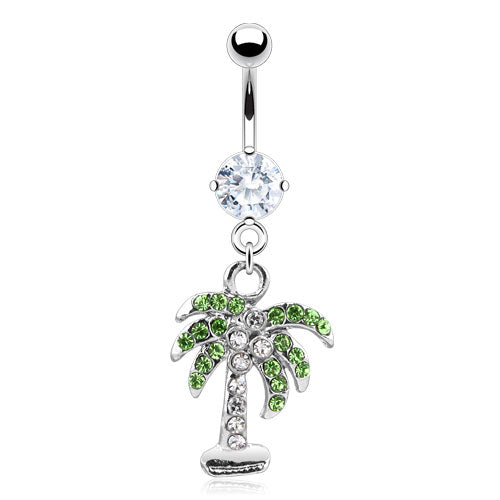 316L Surgical Steel CZ Pave Clear and Green Gem Palm Tree Belly Button Ring