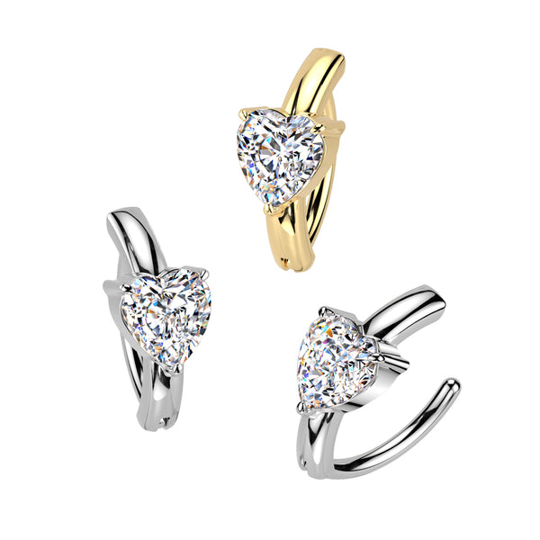 316L Surgical Steel CZ Heart Hinged Belly Button Clicker Ring