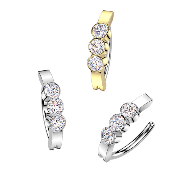 316L Surgical Steel Hinged 3 Bezel Set CZ Clicker Belly Button Ring