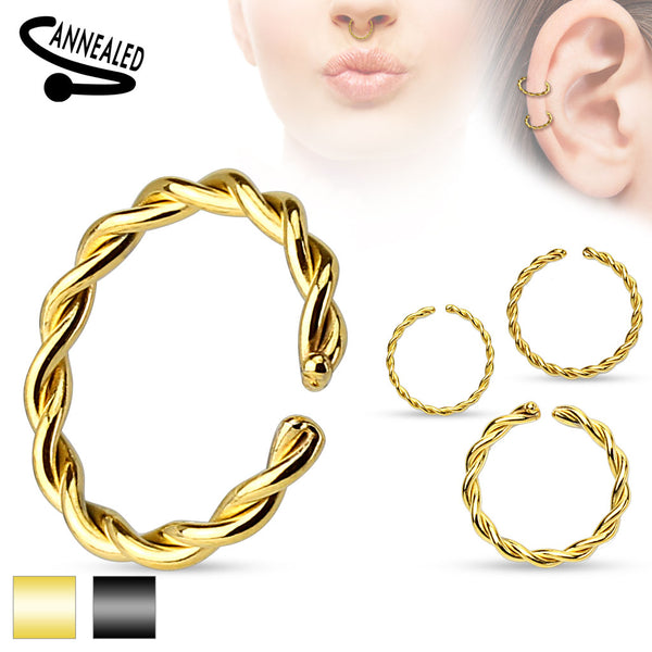 Braided Gold or Black IP Over 316L Surgical Steel Annealed Split Ring Nose Hoop in Various Sizes