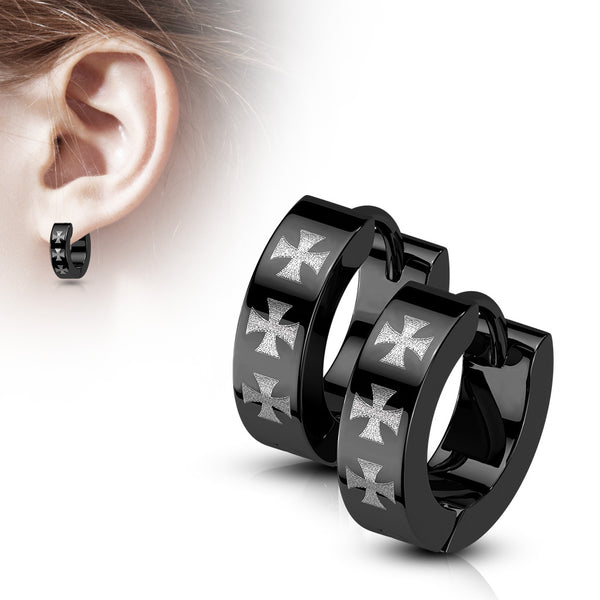 Pair of 316L Stainless Steel Black PVD Hinged Hoop Earrings with Three Iron Cross