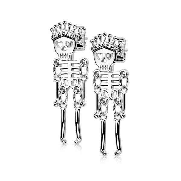 Pair of 316L Surgical Steel Skeleton Dangle Earring Studs in Steel or Black