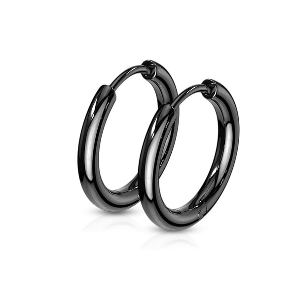 Pair of 316L Stainless Steel Hinge Action Black IP Hoop Earrings