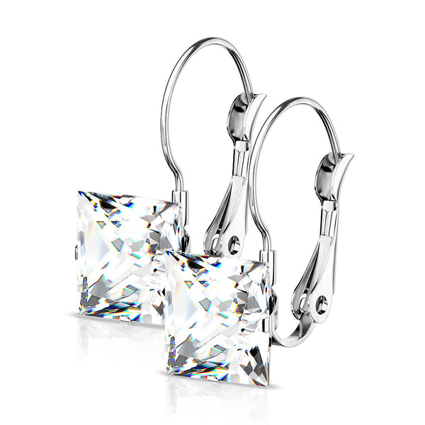 Pair of Prong Set Square CZ Lever Back Stainless Steel Earrings