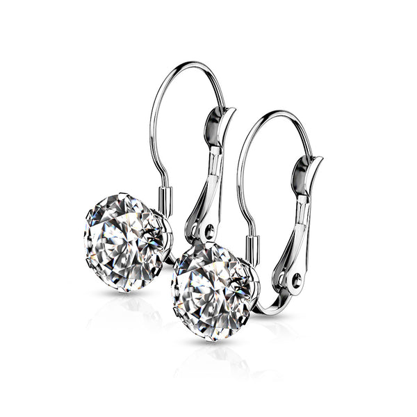 Prong Set Round CZ Lever Back Stainless Steel Earrings