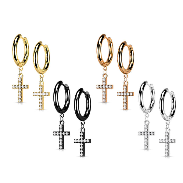 Pair of 316l Surgical Steel Hoop Earrings with CZ Paved Cross Dangle