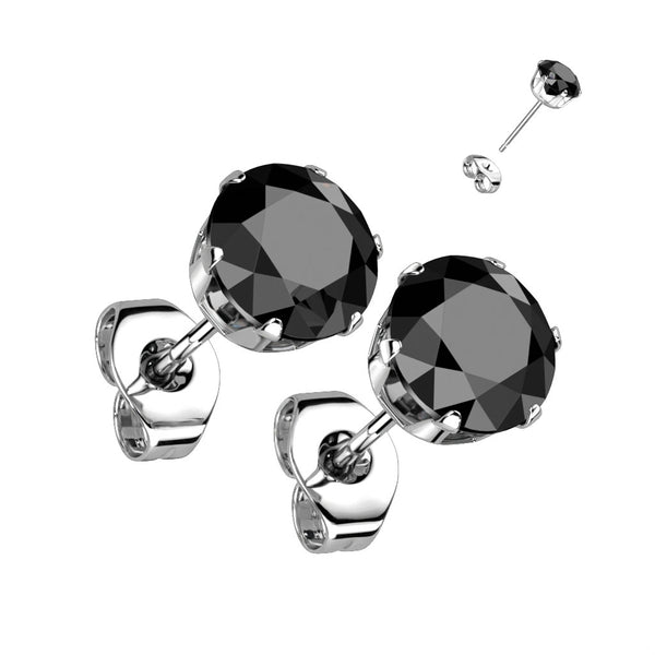 Pair of 316L Surgical Steel Stud Earrings with Black Round CZ
